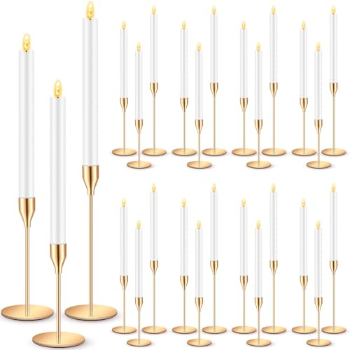 FillTouch 30 Pcs Gold Candlestick Holders with Flameless LED Candles Bulk Includes 15 Metal Candle Holders and 15 Battery Operated Taper Candles for Wedding Valentines Table Centerpieces Home Decor