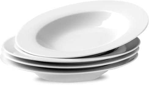 fMBB Ceramic Soup Bowls, 4 Pack White Dinner Plates, Porcelain, Classic Style, 8.5 Inch Shallow Bowls - Ideal for Soup, Dessert, Salad and Pasta, Microwave and Dishwasher Safe