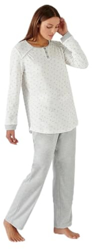 Damart - Ensemble de Pyjama pour Femme - Manches Longues, Maille Interlock Thermolactyl - Haut et Bas de Pyjama Chauds, Moelleux et Confortables - Ecru Fleuri - XL