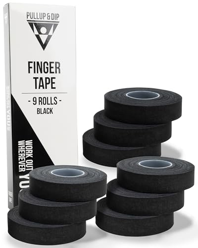 PULLUP & DIP Tape pour Doigt avec Adhésif extra Fort, 9 Rouleaux (90 m) de Tape pour l'Escalade, Tape Sportive douce pour la Peau, Tape pour la Main pour la Musculation, Basket-Ball, Handball (Noir)