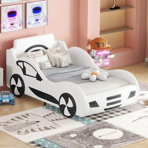 Modello Lettini da auto, letti da auto, letti piani 90 x 200 cm, lettini per bambini, culle con ripiano sotto il letto, sicuri e protetti Forma unica (bianco)