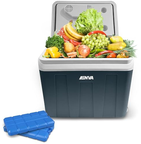 ENVA Elektro Kühlbox 12V/230V 45L + 2X Kühlakku Mini Camping Kühlschrank mit Rollen Elektrische Kühlbox + Trenngitter mobiler Campingkühlschrank Kühl- und Wärmebox für Auto