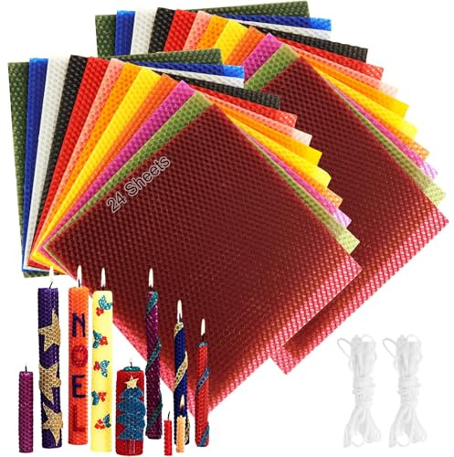 ASelected Pack de 2 Placas de Cera de Abejas 12 Colores, Cera de Abejas para Velas 20 x 20 cm con Mecha de Algodón, Kit para Hacer Velas DIY Manualidades