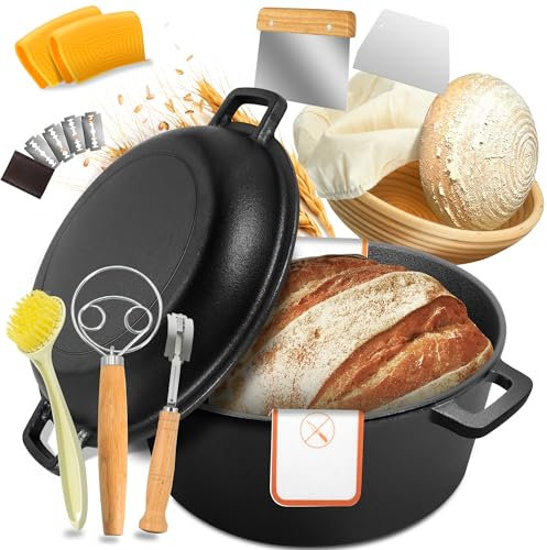 W&H Gusseisen Topf Brot Backen, 26cm Brotbackform mit Deckel Inkl Gärkorb und Teigschaber,5L Vorgewürzter Dutch Oven Topf zum Braten, Backen, Schmoren, Grillen
