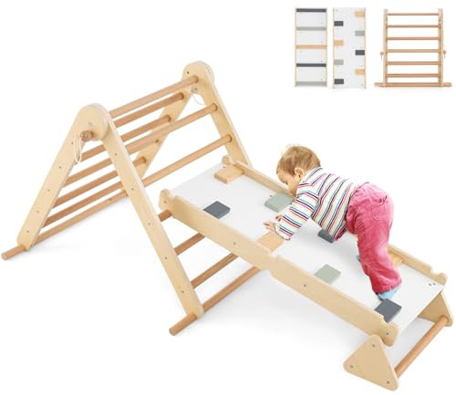GYMAX 3 in 1 Kids Climbing Set, Foldable Wooden Toddler Climber with Reversible Ramp, Indoor Climbing Frame for 3+ Years Old Boys Girls (Natural)