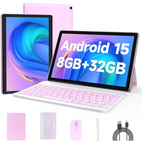 Android 15 Tablet 10 inch, 2 in 1 Tablets with Keyboard Case Mouse Stylus, 8GB RAM 32GB ROM 1TB Expand, Quad Core Processor Tablet, WiFi, BT, 1280x800 HD Screen, 6000mAh, Dual Camera, GMS, Widevine L1