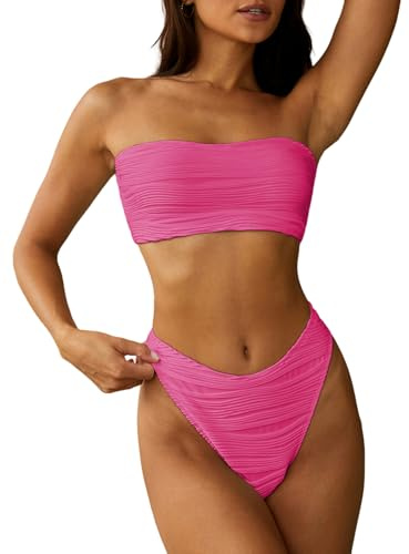 ZAFUL Women Strapless Wave Bandeau Bikini 2 Piece Swimwear Cheeky Solid Lace up Bathing Suits1-1Rose Red L