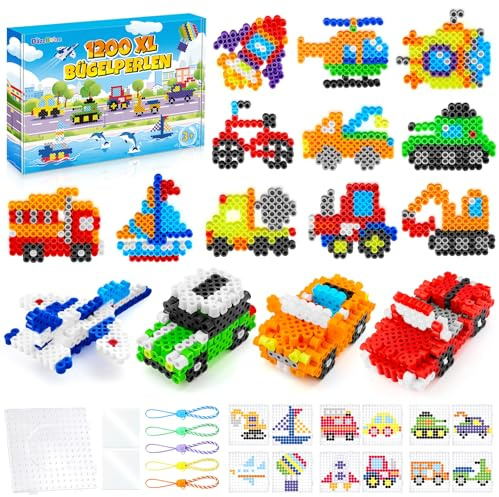 DazzBoom Große 10mm Bügelperlen Fahrzeuge Set, 1200 Stück XL Steckperlen mit Platten, 12 Muster und Bügelpapier, 11 Bunte Farben XL Bügelperlen, Kreatives Perlenset für Kinder ab 3 Jahren