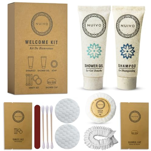 NUIVO – 50 Kit Home Ecoesponsabile per Hotel, Airbnb, Casa, Matrimonio, Seminario – Mini Shampoo, Gel Doccia, Sapone, Vanity Kit, Cuffia da Bagno – Senza Parabeno, Formato Viaggio