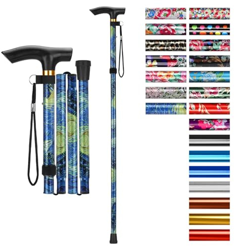 supregear Canne Pliante, Hauteur Réglable à 5 Niveaux Canne de Marche Légère Portable Bâtons de Voyage avec Dragonne et Poignée en T pour Personnes Âgées Handicapées Hommes Femmes, Bleu Oriental