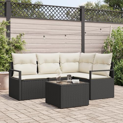WEMYUFURN Juego de 4 sofás de jardín, color negro y crema, para exteriores, de ratán, con cojín, resistente a la intemperie, diseño modular para terraza, balcón, acogedor grupo de asientos, muebles de