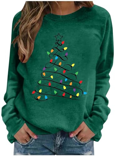 Christmas Long Sleeve Tops for Women Ladies Round Neck Shirt with Tree and Lights Print Casual Loose Fit Holiday Fashion Blouse for Daily Wear Work Party