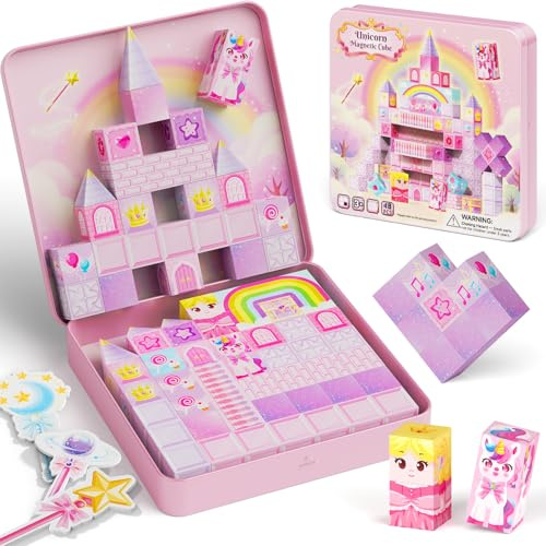 burgkidz Jeux de Construction Magnétiques 48 Pièces 2CM - Blocs Magnétiques Licorne pour Filles avec Boîte Métallique de Voyage, Idéal pour Train, Avion & Camping - STEM Cadeau Princesse 3-8 Ans
