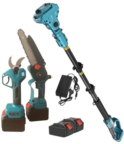 Kit Potatura 3 in 1 Motosega 8” Lubrificata ad Olio + Forbice Cesoia Apertura 40mm con Display Digitale + Asta Telescopica 107-195cm con 2 Batterie per Potatura Giardino, Rami, Arbusti, Vigneto