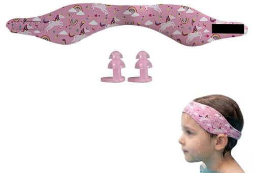 Simband för barn och vuxna, elastiskt neoprenband med rosa proppar, vattentätt pannband för pool, surfing och vattensport, justerbar och bekväm