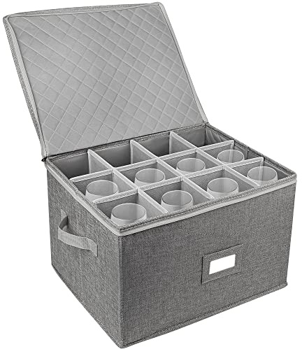 LotFancy Stemware Storage Container, Hard Shell, Stackable Wine Glass Storage Box with Dividers & Handles, Crystal Glassware, Champagne Flute, Drinkware Case for Moving, Grey