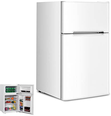 RLEAX4LIFE Frigo Réfrigérateur Rétro 90L Double Porte, Congélateur 27L, Refroidissement 0℃ à 10℃, Température de Congélateur -15℃, Bac Légumes, Compartiment Bouteilles (90L, Blanc)