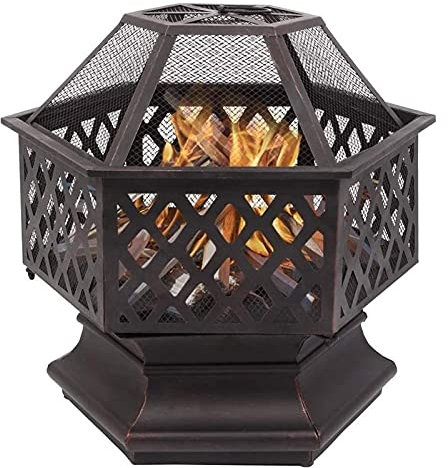 Foyer Hexagonal en Acier, Bol à feu pour Jardin et Patio, Foyer de Jardin extérieur avec Couvercle en Maille, Chauffage de Bol de Foyer