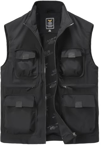 Harbrosrce Hombre Chaleco de Pesca Multi Bolsillo Para Exteriores Sin Mangas Chaquetas Ligeras Chaleco de Secado Rápido Chaqueta para Caza Transpirable Reporteros Fotógrafos, Negro , L