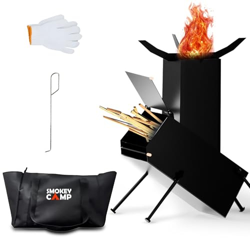 Rocket Stove for Camping Heavy Duty Wood Burning Stove with Adjustable Legs, Portable Wood Burning Fire Camping Stove, Cooking Camping Grilling Outdoor Backyard BBQ Stove with Storage Bag, Rod, Gloves