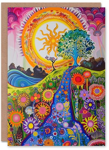 Artery8 Bright Colourful Hippy Artwork Flowers Sun Trees Greeting Birthday Card Him Her All Blank