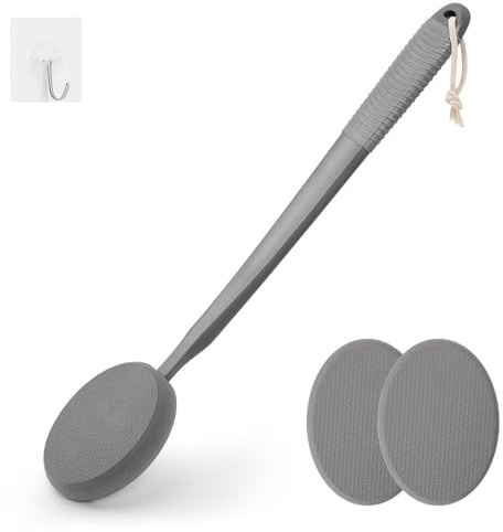 Eincremehilfe Lotion-Applikator für Rücken, Füße und Beine, langer Kunststoffgriff, Feuchtigkeitscreme, Sonnenschutz und Salbenapplikator für ältere Männer und Frauen mit 3 waschbaren Pads (grau)