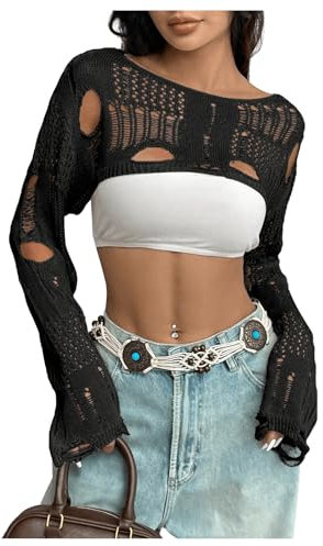 GORGLITTER Women's Hollow Out Sheer Bolero Shrugs Boat Neck Long Sleeve Sexy Crop Jumper Sweater Ripped Crochet Tops Black Small