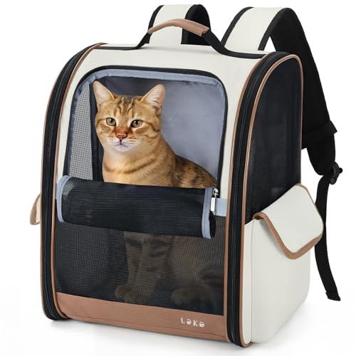 Lekesky Katzen Rucksack Hunderucksack für Mittel/Kleine Haustiere(2-8KG), KatzenRucksack mit Netzfenster für Wandern, Reisen, Outdoor (Beige, M)