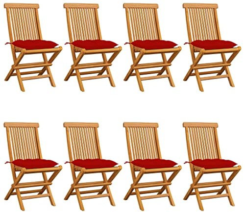 LoogCape Trädgårdsstolar av massivt teak med röd kudde, 8-delat set vikbart och stapelbar, väderbeständig, med stoppning, perfekt som balkongstol, terrassstol, campingstol, relaxstol