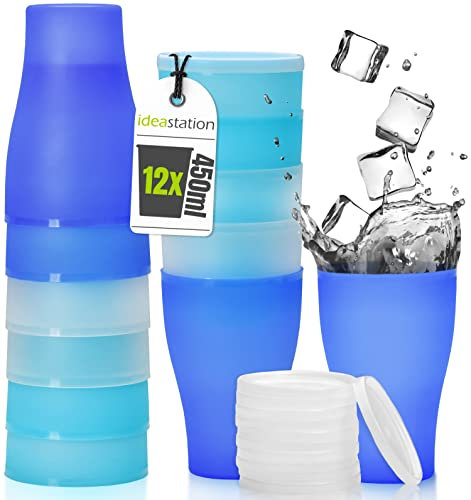 idea-station NEO Plastikbecher mit Deckel 12 x 450 ml - ice-edition - bruchsichere Partybecher aus Plastik oder Trinkbecher Camping - perfekte Mehrwegbecher für Cocktails, Outdoor