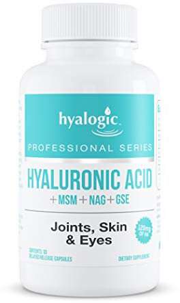 Hyalogic Hyaluronic Acid Delayed Release Capsules | Combo Formula w/Glucosamine MSM | Support Healthy Joints, Eyes and Skin and Overall Body | Promote Healthy Skin | 120 mg | Non-GMO (30 Count)