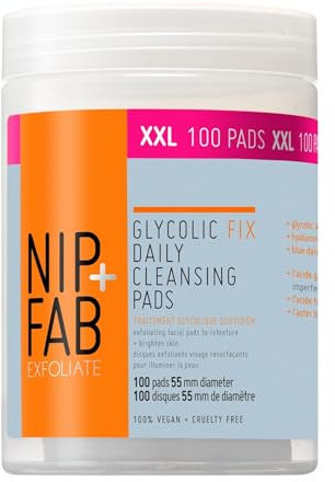 Nip + Fab Glycolic Fix Daily Cleansing Pads XXL - 2.8% Glycolic Acid Exfoliating Pads with Hyaluronic Acid, 100 Pads for Smoother, Brighter Skin, Reduces Pores & Fine Lines - Made in the UK
