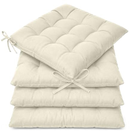 Casabella Pack of 4 Seat Pad for Dining Chair Garden Kitchen Chair Cushion With Tie On_9 Stitch_Ivory Indoor/Outdoor Comfortable chair pads for Kitchen seat pads 9 stitch cushions