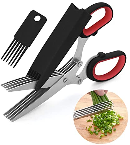 LHS Herb Scissors, Multipurpose 5 Blade Kitchen Herb Shears with Safety Cover, Kitchen Scissors for Chopping Basil Chive Parsley -Black