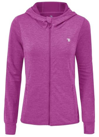 donhobo Giacca sportiva da donna, a maniche lunghe, per fitness, yoga, leggera, traspirante, con cerniera, con tasche, foro per il pollice, viola., XXL