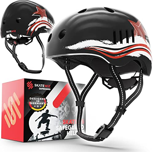 SKATEWIZ Casco Infantil - Protección para Patinete, Bicicleta y Patines - para Niño y Niña - Safeguard S (49-53cm) - Estrella Negra-Roja