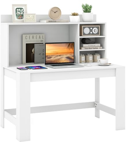 COSTWAY Computer Desk with Storage Bookshelf, Wooden Study Table Writing Workstation, PC Laptop Table Working Desk for Home Office Bedroom (White)