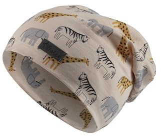 Sterntaler Beanie Safari - Beanie Jungen - Kindermütze mit UV -Schutz 30 mit Safaritieren - Slouch -Beanie aus Flammgarn -Jersey schützt den Kopf vor der Sonne - Leichte Mütze für Kinder - beige, 55