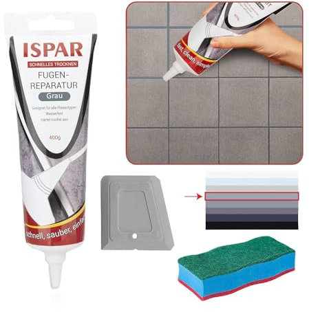 Ispar Tile Grout, 400 g Grey Grout Reviver, Fast Drying Premixed Grout Repair Kit with Spatula & Sponge, Ideal for Bathroom, Kitchen & Floor Tiles Renewal