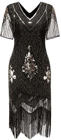 Gionforsy Damen 1920s Kleid mit Pailletten Kurzem Ärmel 20er Jahre Flapper Kostüm Kleid für Great Gatsby Motto Party Halloween Karneval Fasching (Gold Schwarz, M)