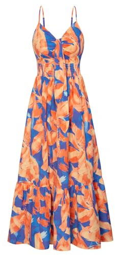 Grace Karin Vestido de Playa de Verano 2024 para Mujer, Floral, Cuello en V, Lazo Frontal, Tirantes Delgados, Vestido Largo Fluido, Vestido Largo Bohemio, Naranja Azul Floral, Large