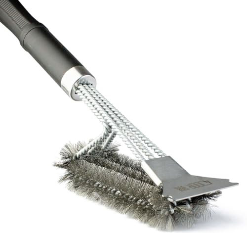 Grillbürste mit Schaber, Breiten Reinigungskopf mit dreireihigen Edelstahlborsten, langem ergonomischem Griff für sichere Handhabung, ideal zum Reinigen von Gas-, Holzkohle- & Elektrogrills