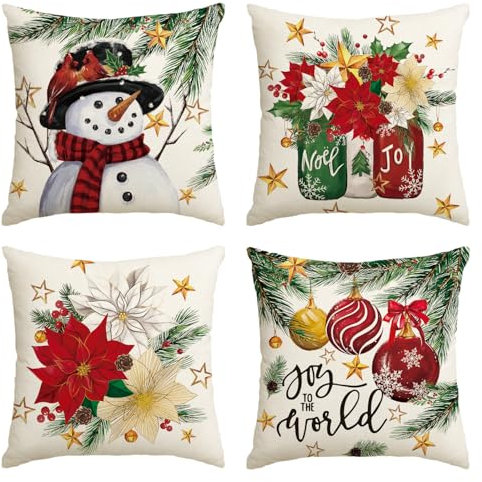 Artoid Mode Poinsettia Lot de 4 housses de coussin décoratives pour l'hiver 45 x 45 cm Motif bonhomme de neige