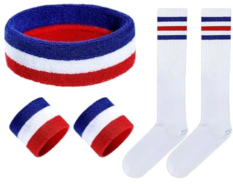 Lot de 3 bandeaux et bracelets, 1 paire de chaussettes, bandeau anti-transpiration rayé, brassard de sport absorbant la transpiration, bandeau de tête avec clip de couleur, chaussettes élastiques