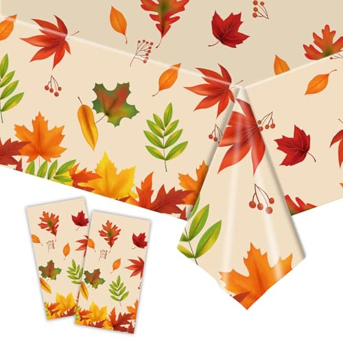 POPOYU 2 manteles de plástico de hojas de arce otoñales, 54 x 108 pulgadas, mantel rectangular impermeable para otoño, Acción de Gracias, vacaciones, cena familiar, decoración de fiesta de Acción de