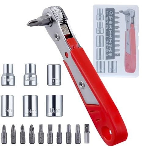 LEONTOOL 17 PCS Right Angle Ratcheting Screwdriver Set, 90 Degree Offset Screwdriver for Tight Spaces, 36-Tooth Reversible Mini Ratchet Set with 1/4 Phillips/Pozidriv/Slotted/Torx Bits and Sockets