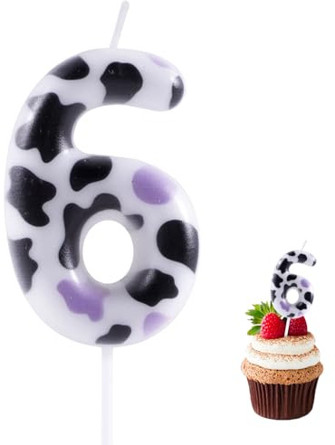 Pink Cow 6th Birthday Candle, Black and Pink Cow Number 6 Cake Candle Birthday Cake Topper for Farm Animal 6th Birthday Party Decoration