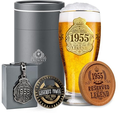 CROWNLY CRYSTAL Vaso de cerveza personalizado de 70 cumpleaños de 1955, 570 ml, 1 pinta de regalo para hombres, decoraciones únicas de cumpleaños 70, regalos para papá de hija, abuelo, ideas de regalo