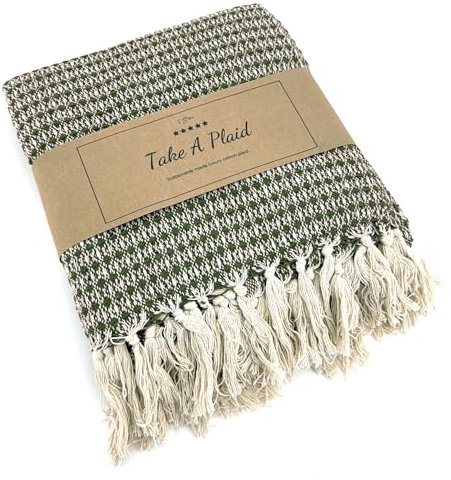 heimtexland ® Hochwertige Strick Kuscheldecke Fransen Tagesdecke Wohndecke Boho Wolldecke 100% Baumwolle Sofadecke 180x130 weich warm Strickdecke Natur Typ912 Karo grün - 1 Stück