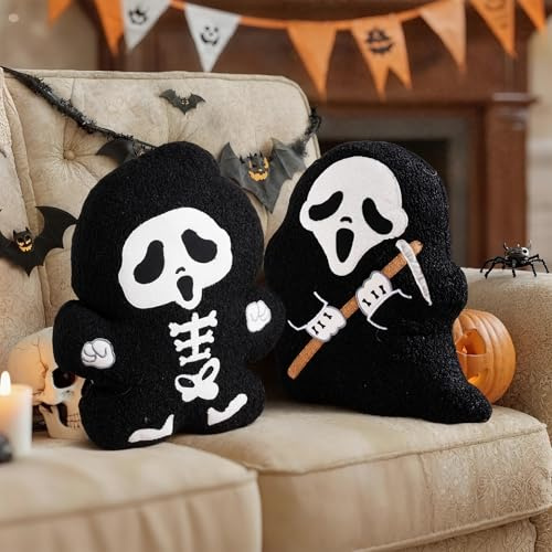 Lanpn Juego de 2 Piezas Halloween Fantasma Almohada, Felpa Fantasma Cojín Decorativo Suave Ghost Cushion para Regalo Party Sofá Sofa Couch Decoración Interiores Halloween (Negro, 40x33cm)